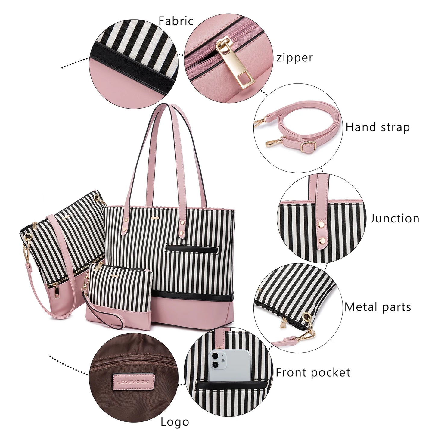 Lovevook 3 Piece Stripe Handbag Set