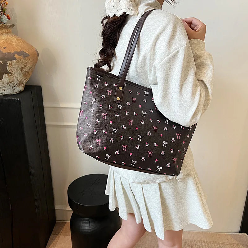 Elegant Polyester Bow Print Versatile Tote Bag Single Shoulder