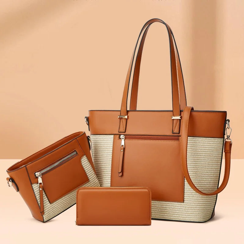 3 Piece Set New Women's Trend Large Weaving Handbag