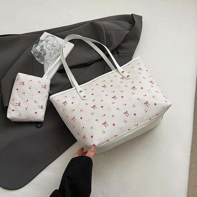 Elegant Polyester Bow Print Versatile Tote Bag Single Shoulder