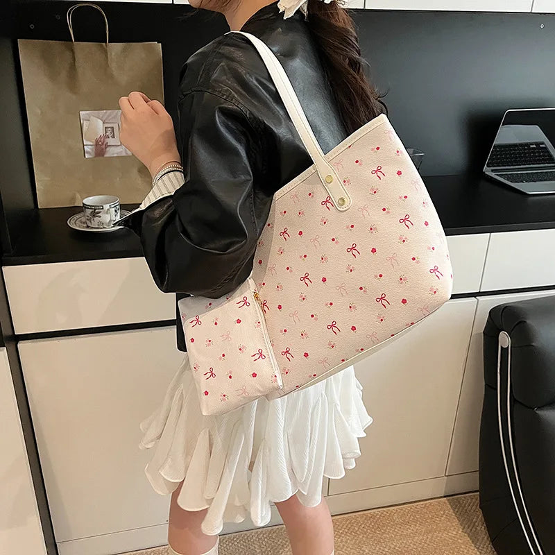 Elegant Polyester Bow Print Versatile Tote Bag Single Shoulder