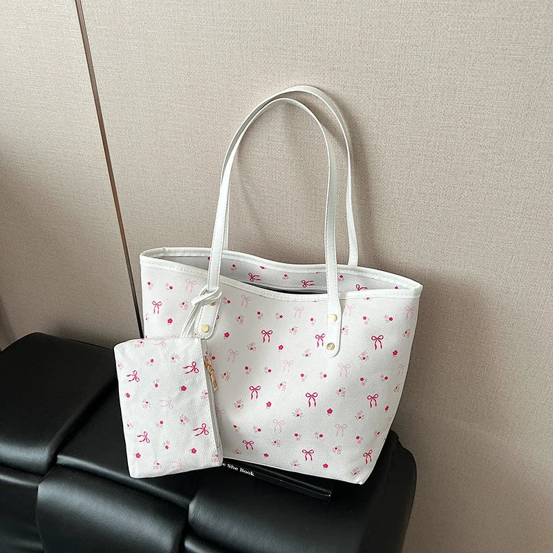 Elegant Polyester Bow Print Versatile Tote Bag Single Shoulder