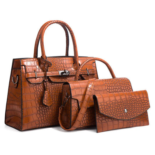 3 Piece Birkin Inspired Crocodile Pattern Handbag